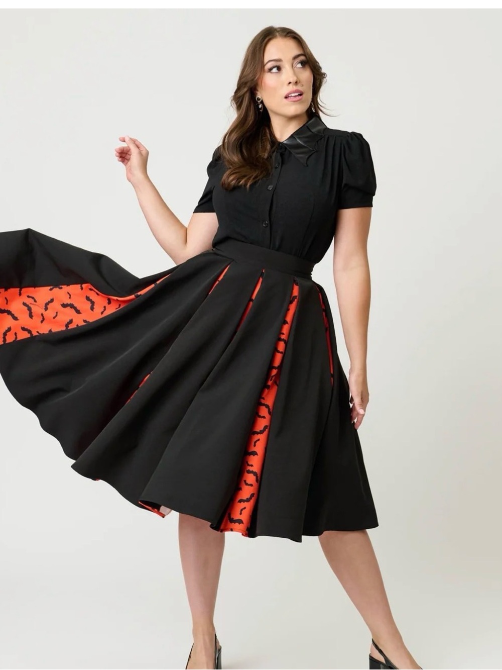 Unique Vintage Black & Orange Bats Pleated Swing Skirt